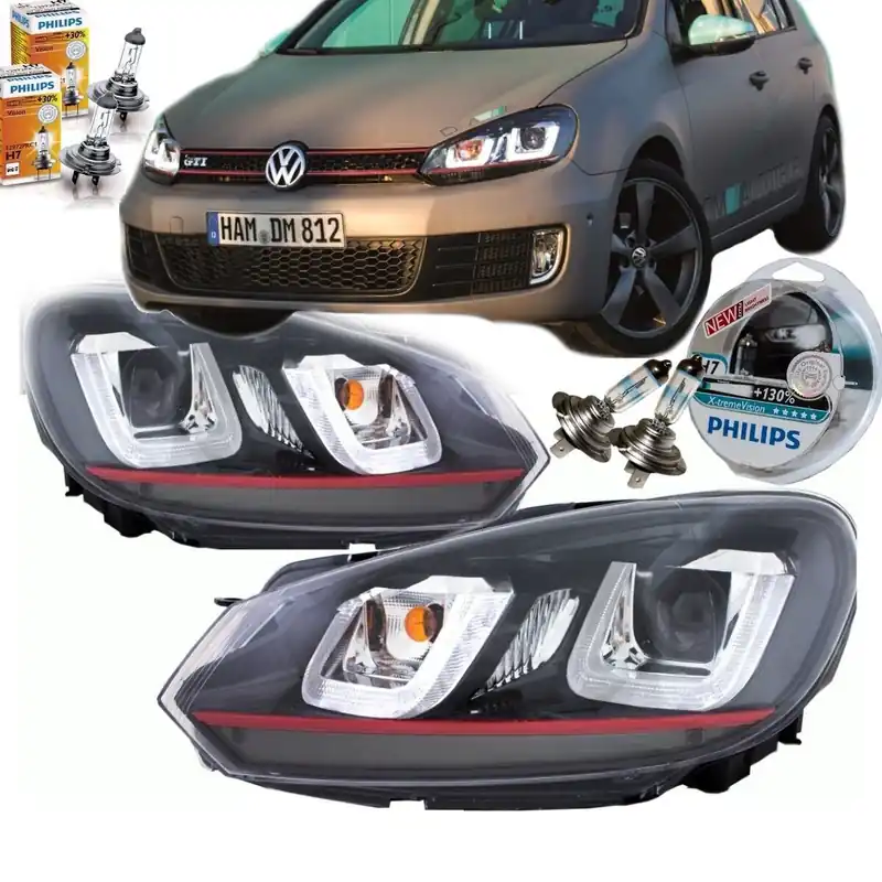 Top-Angebot Set Scheinwerfer 3U LED Schwarz-4x H7 Philips Birnen passt für VW Golf 6 ab 08-12