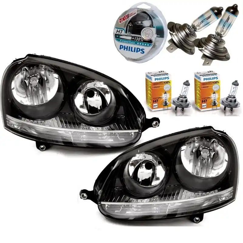 Neue Ware Scheinwerfer SET Schwarz H7/H7 + PHILIPS X-TREME VISION passt für VW Golf 5